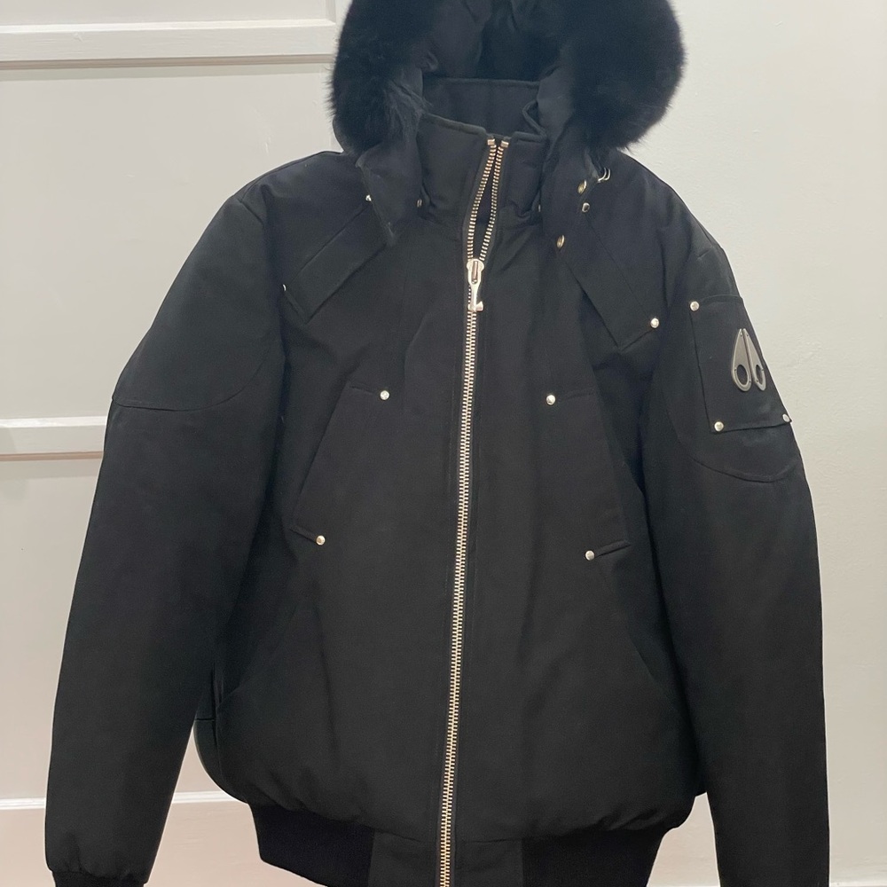 Moose Knuckles Black Bomber Jacket with Detachable Fur Hood